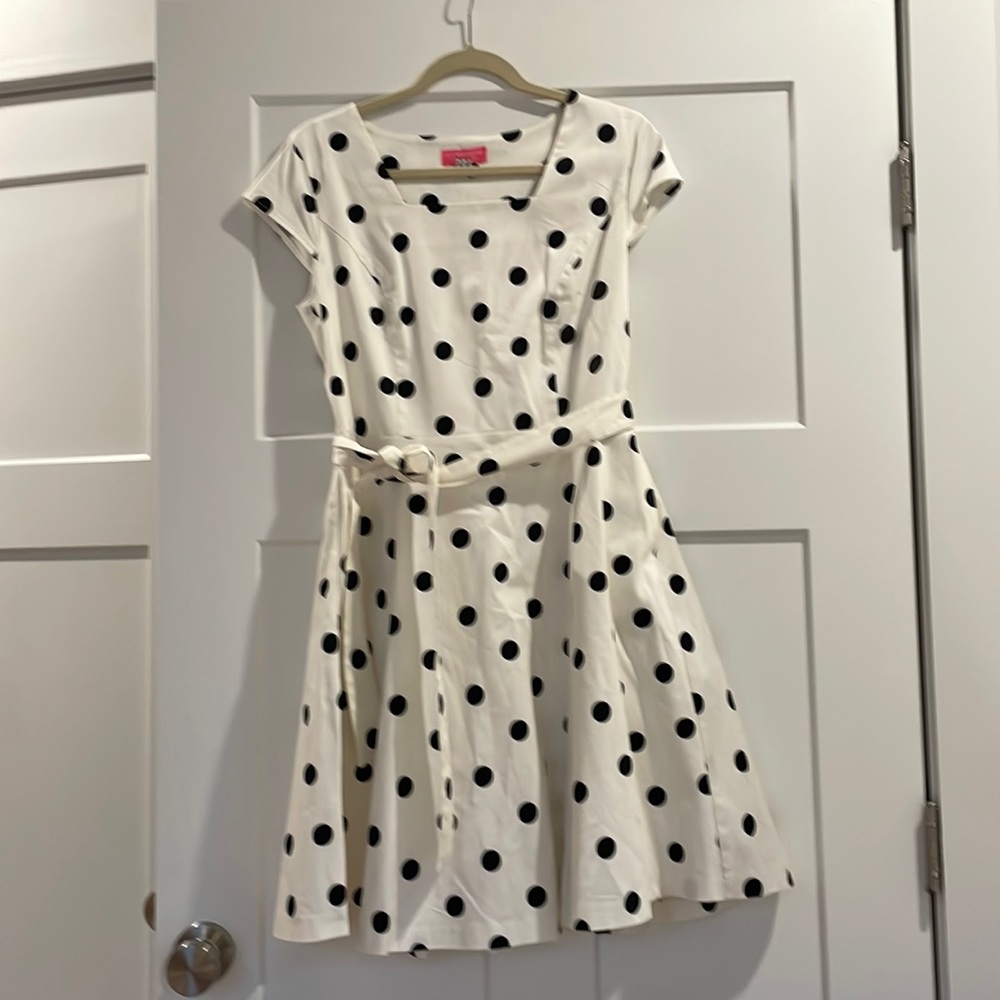 Isaac Mizrahi Live (for QVC) white dress with black polka dots.